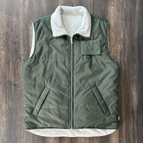 Vtg Quiksilver Reversible Spock Vest Fleece Puffer Green Grey Zip Up Men's Large - Picture 1 of 10